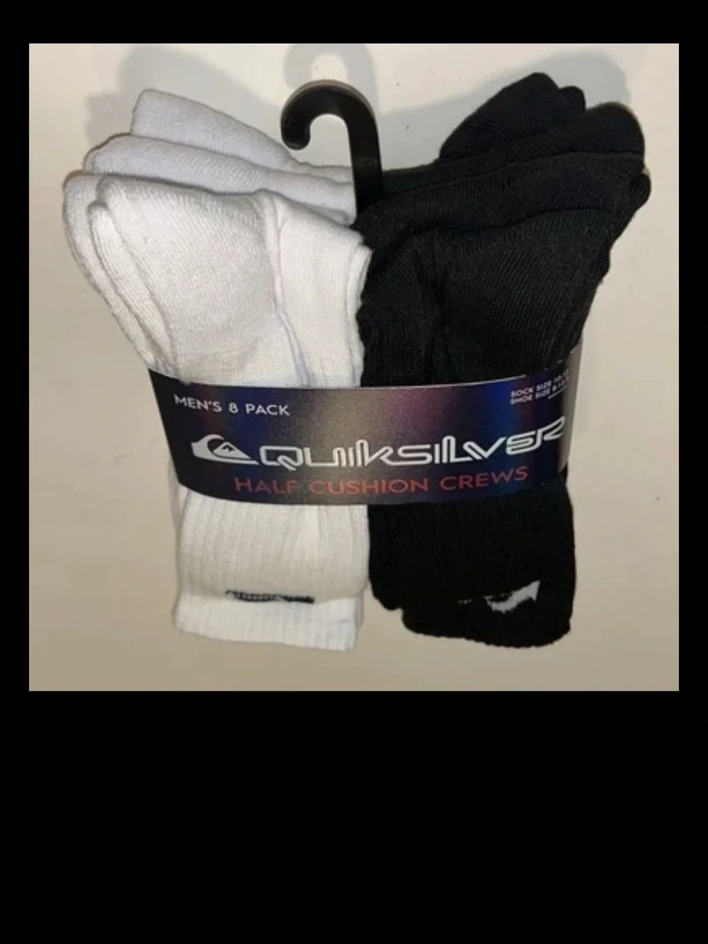 Quicksilver Crew Socks 8 Pair Men's 8-12.5 Black White w Logo Surf Ride NEW Cush